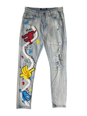 Vintage Public Supply co customized ripped Jeans embellished pop Art streetwear